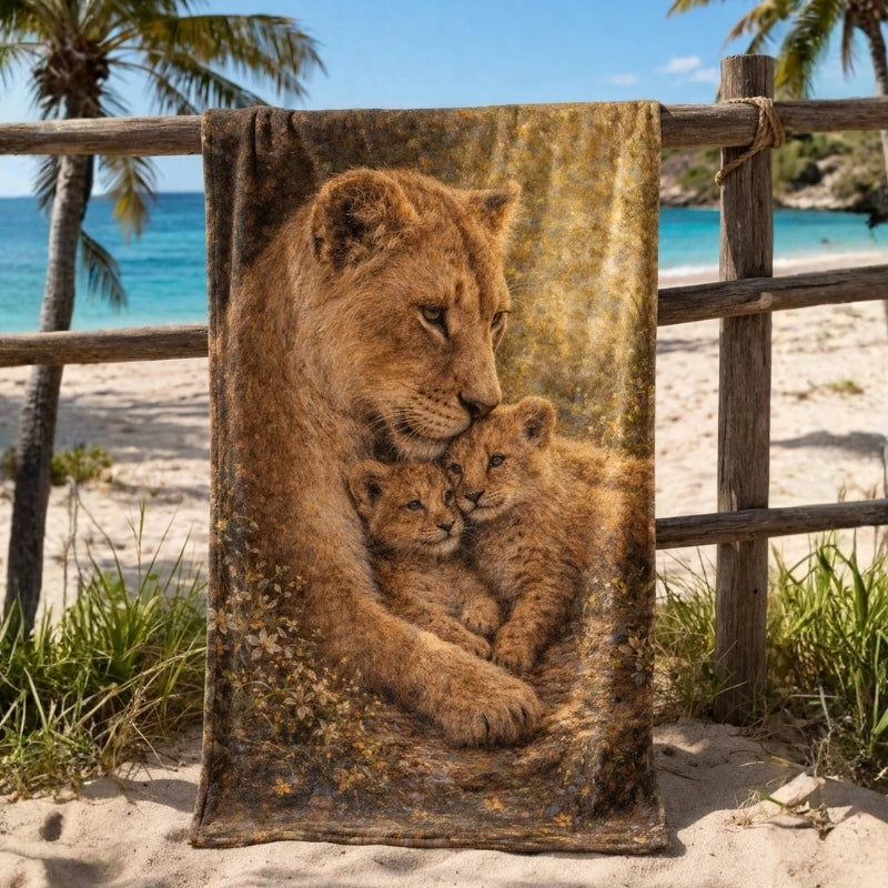 Beach towel with detailed lion and cubs art hanging on a fence by the tropical seaside