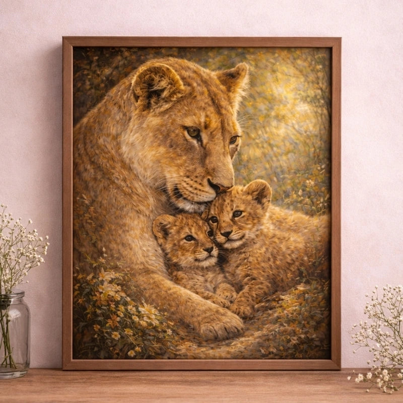 Framed art print of a lioness with two lion cubs in a natural, floral setting