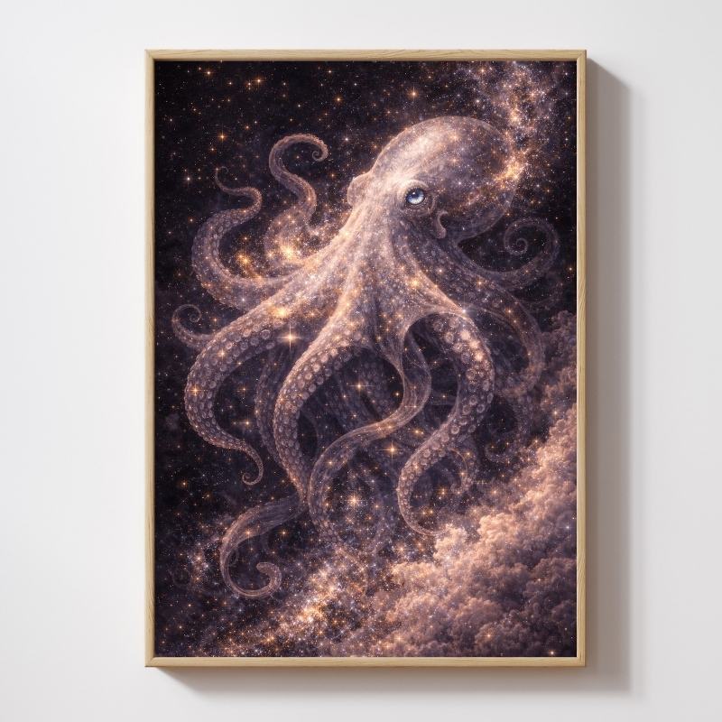 Fantasy octopus wall art with cosmic, star-filled background in a wooden frame