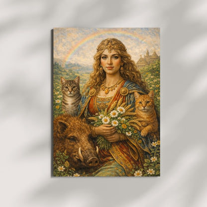 Mythology-inspired wall art of a woman with cats, a wild boar, flowers, and a rainbow