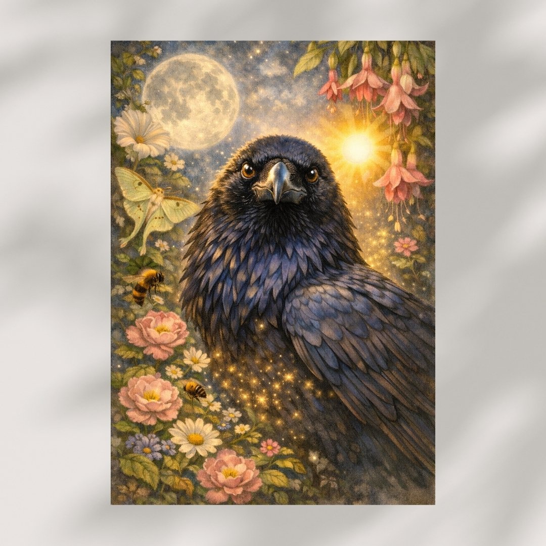 Fantasy raven wall art with moon, glowing light, flowers, bees, moth, and sparkling details.
