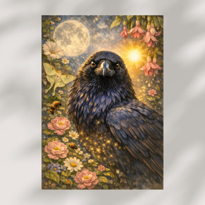 Fantasy raven wall art with moon, glowing light, flowers, bees, moth, and sparkling details.
