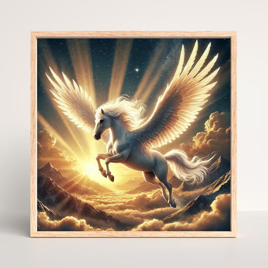 A powerful and inspirational image of Pegasus, the mythical winged horse, soaring through the clouds during a radiant sunrise.