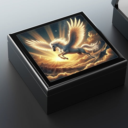 Mythical pegasus jewelry box with winged horse design and fantasy sunset background.