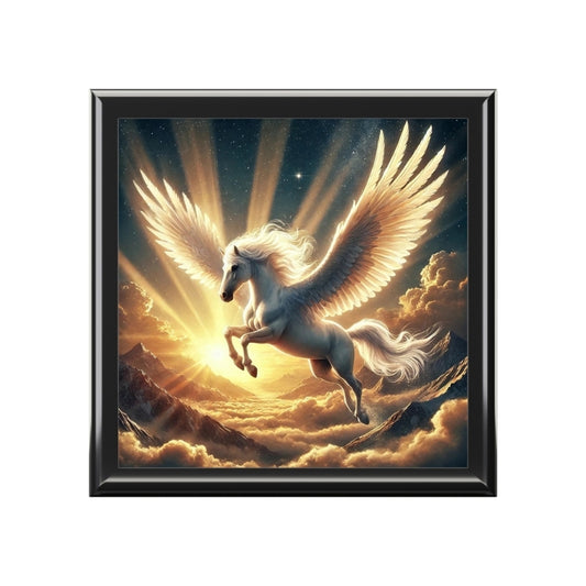 Majestic Pegasus with white wings flying in a glowing sunset sky over clouds and mountains