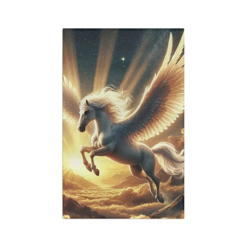 Majestic winged Pegasus flying over golden clouds with radiant sunlight, mythical kitchen decor