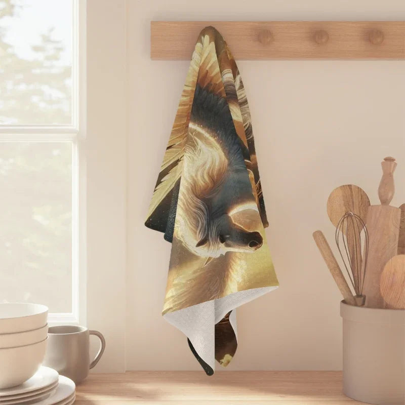 Pegasus tea towel with mythical winged horse art hanging in a cozy kitchen setting