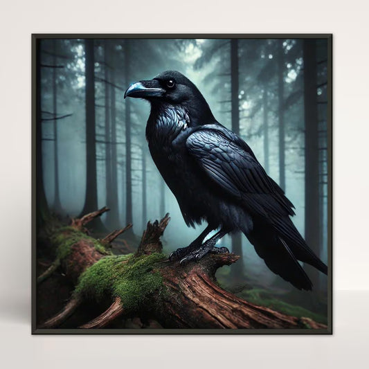  A black raven perched on a moss-covered log in a misty forest. The bird has a blue beak and is surrounded by tall, dark trees