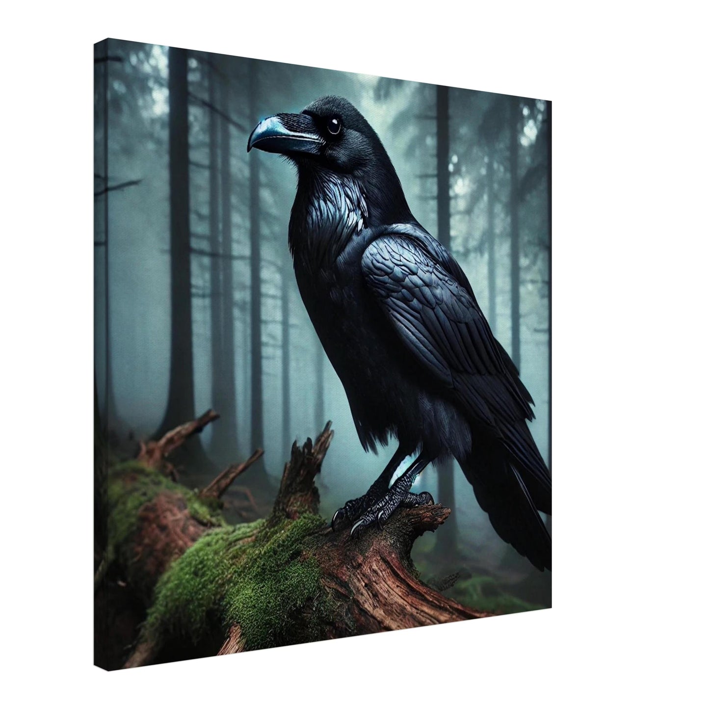 A black raven perched on a moss-covered log in a misty forest. The bird has a blue beak and is surrounded by tall, dark trees