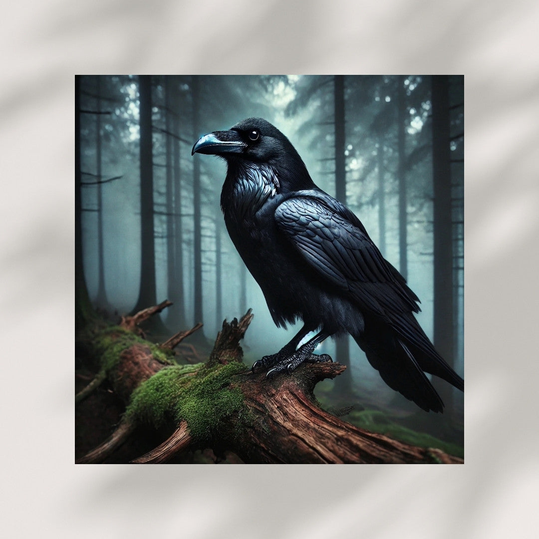 Majestic black raven on mossy log in misty forest, fantasy wall art print