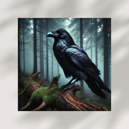Majestic black raven on mossy log in misty forest, fantasy wall art print
