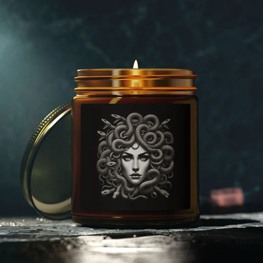 Medusa scented candle with reusable glass vessel, mythology-inspired home decor