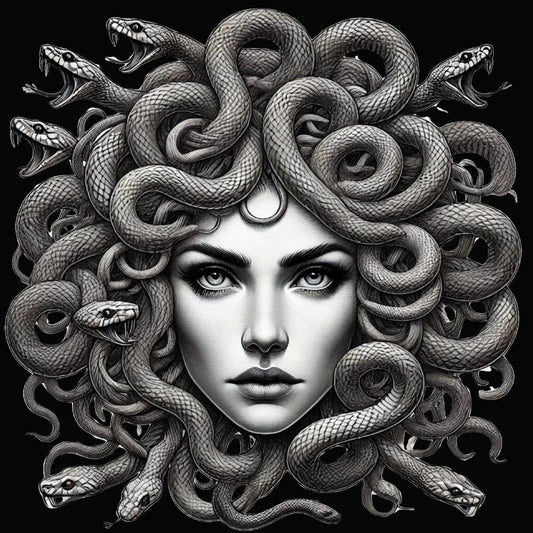 Black ceramic mug featuring a detailed grayscale illustration of Medusa with snakes for hair.