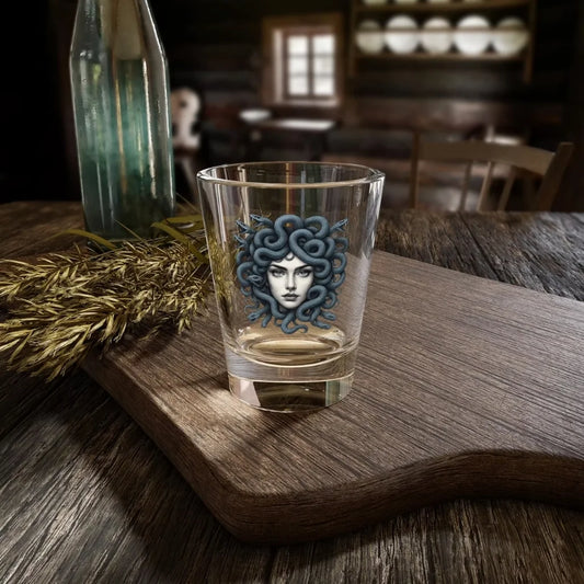  Medusa shot glass with Greek mythology snake-haired goddess design in five colors: red, green, purple, blue, black.