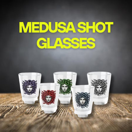  Medusa shot glass with Greek mythology snake-haired goddess design in five colors: red, green, purple, blue, black.