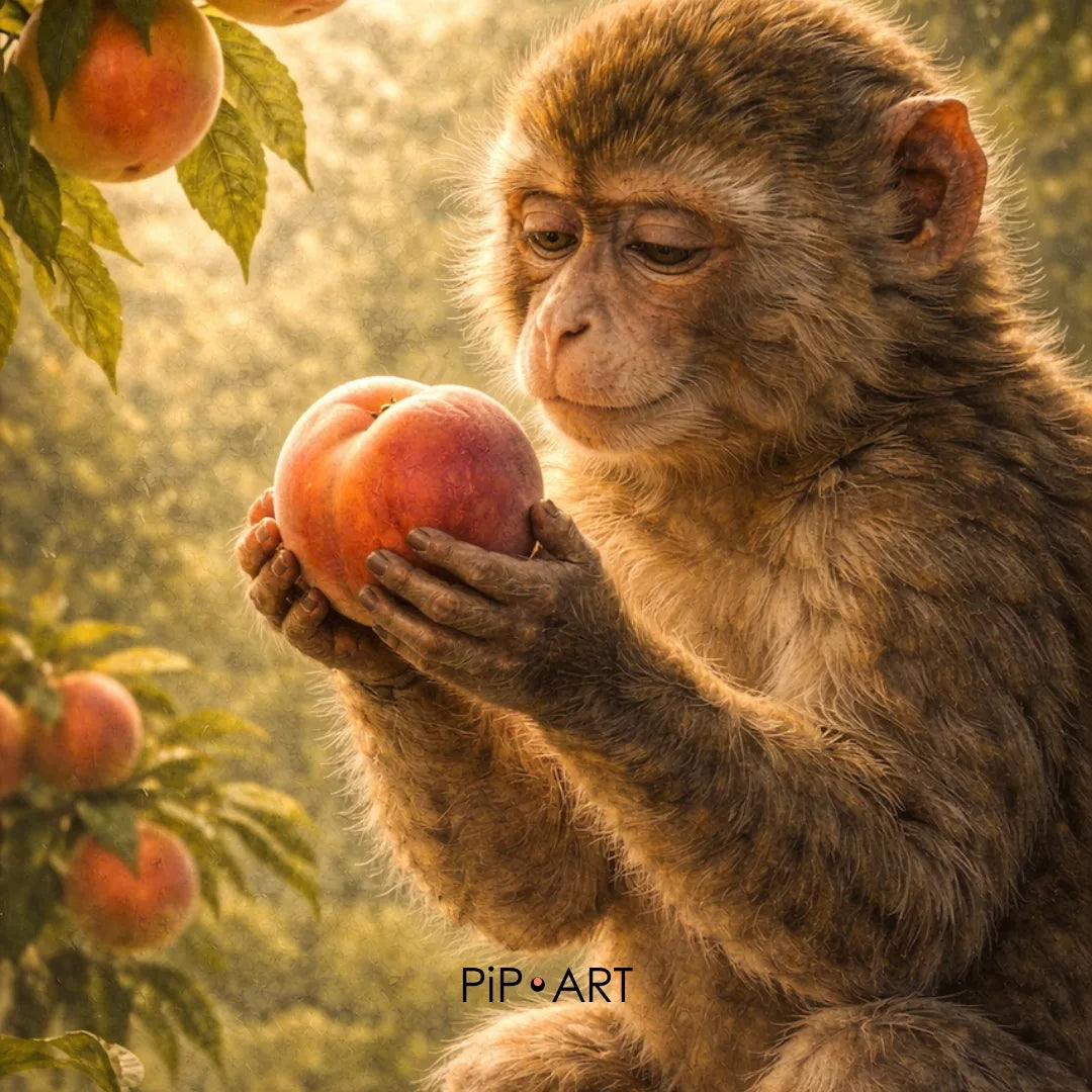 Small monkey gently holding a peach in a sunlit orchard, warm nature inspired illustration