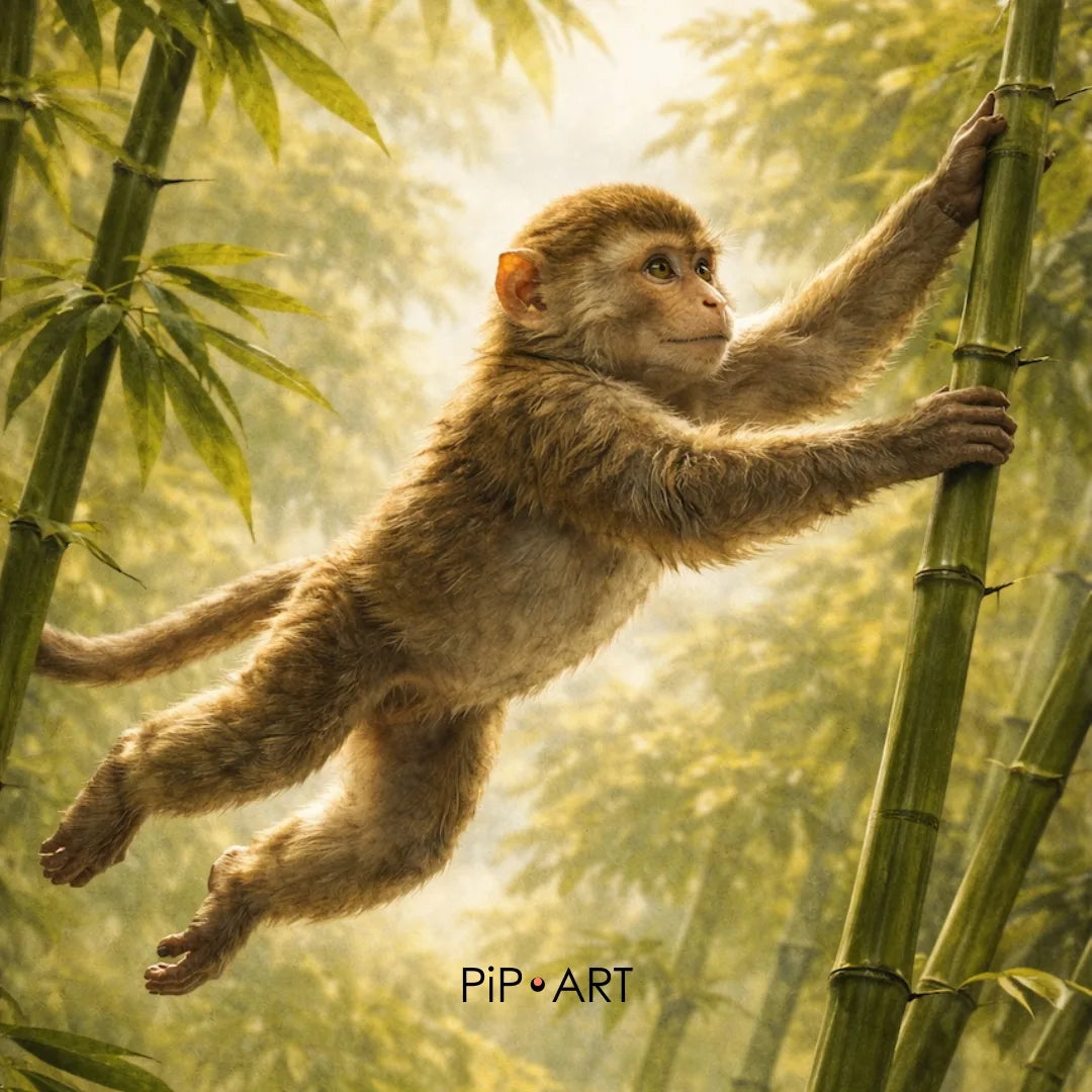 Young monkey climbing bamboo in a soft green forest, playful and light nature illustration