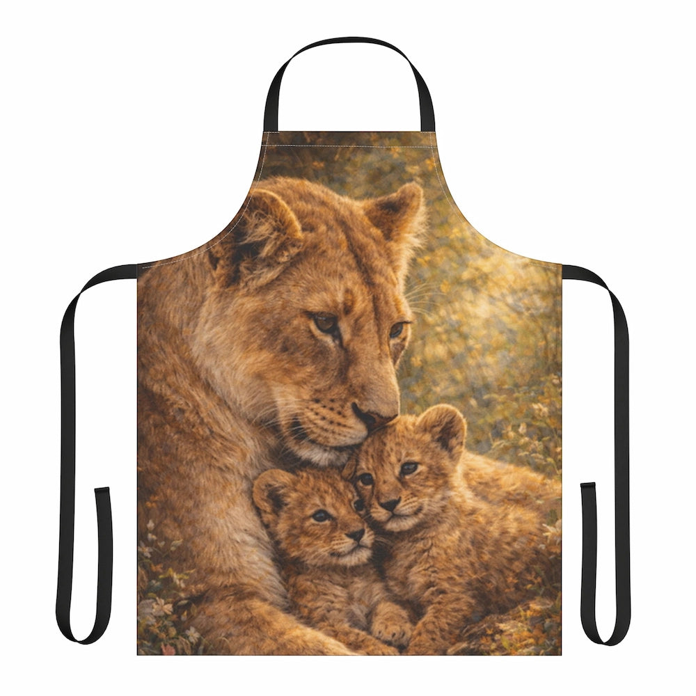 Apron with lioness and two lion cubs in a warm, nature-inspired fantasy art design