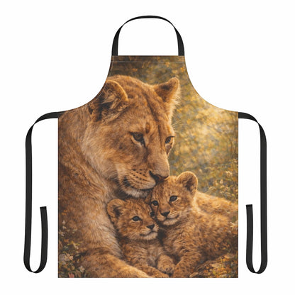 Apron with lioness and two lion cubs in a warm, nature-inspired fantasy art design