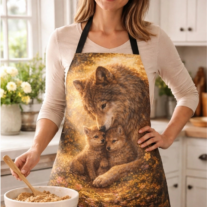 Fantasy kitchen apron with wolf and wolf pups art, worn by woman cooking in bright kitchen