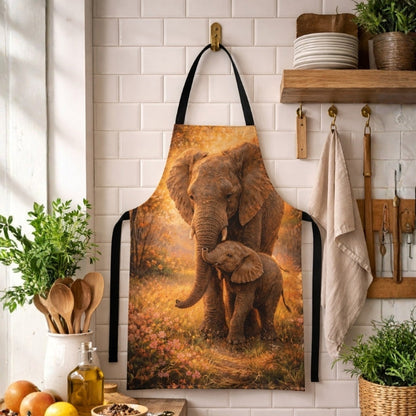Apron with mother and baby elephant art hanging in a cozy, rustic kitchen setting