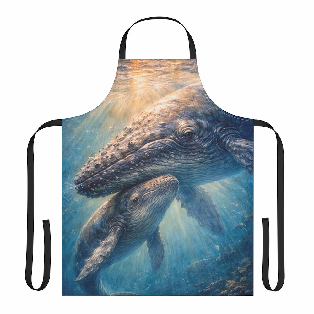 Apron with fantasy ocean art, featuring a mother whale and calf swimming underwater