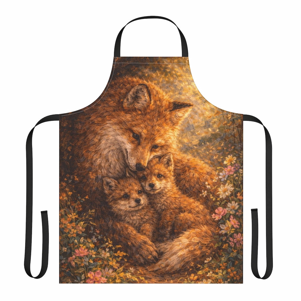 Apron with art of a mother fox and two fox cubs cuddling in a floral meadow