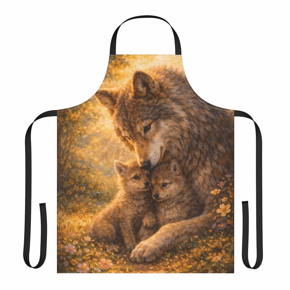 Apron featuring a fantasy art wolf mother cuddling two wolf cubs in a floral meadow