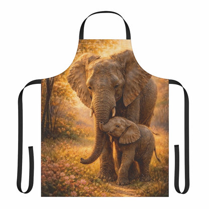 Apron featuring fantasy art of a mother elephant and baby in a sunlit forest setting
