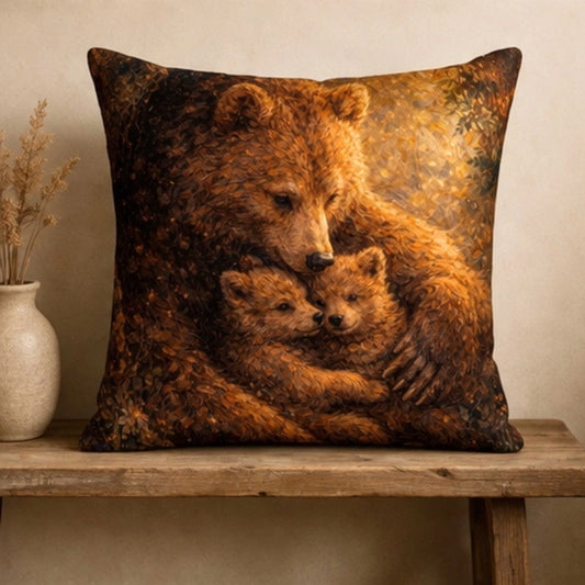 Decorative pillow with mother bear hugging her cubs in warm earthy tones, symbolizing protection, comfort, and maternal love