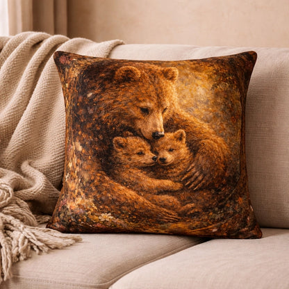 Decorative pillow featuring a mother bear cuddling two cubs in warm, earthy tones