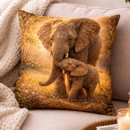 Decorative pillow featuring a mother and baby elephant art in a warm, nature-inspired setting.