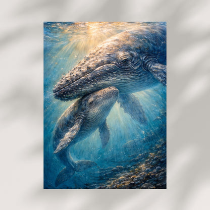 Fantasy art print of mother whale and calf swimming underwater in sunlit ocean scene