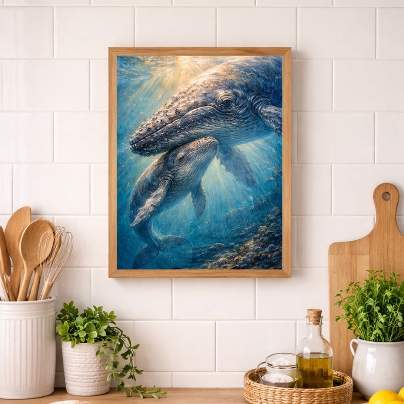 Framed fantasy art print of mother and baby whales swimming underwater in a kitchen setting