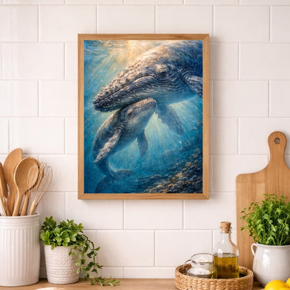 Framed fantasy art print of mother and baby whales swimming underwater in a kitchen setting