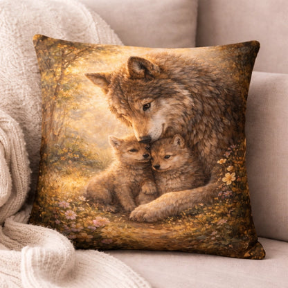 Decorative pillow with detailed painting of a mother wolf and two wolf pups in a floral meadow