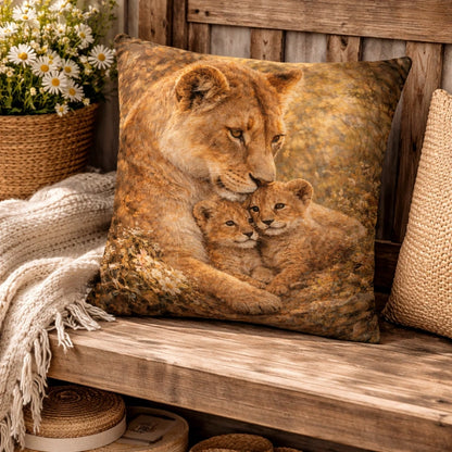 Decorative pillow with lioness and cubs illustration on rustic wooden bench, cozy decor