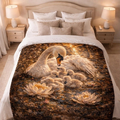 Fantasy swan and cygnets art blanket on bed, featuring soft lighting and water lilies.