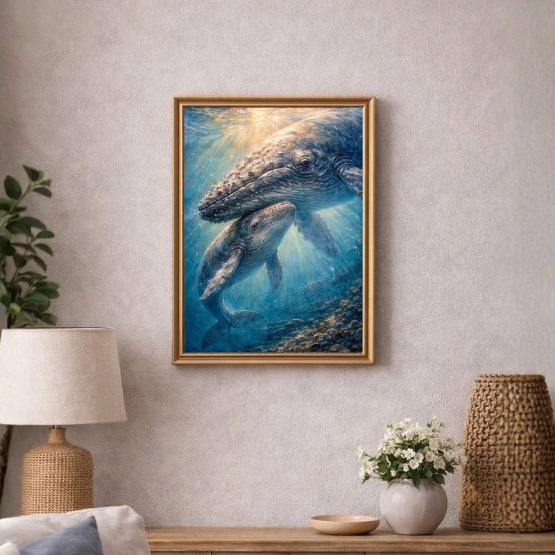 Framed art print of a mother whale and calf underwater, displayed in a cozy living room setting.
