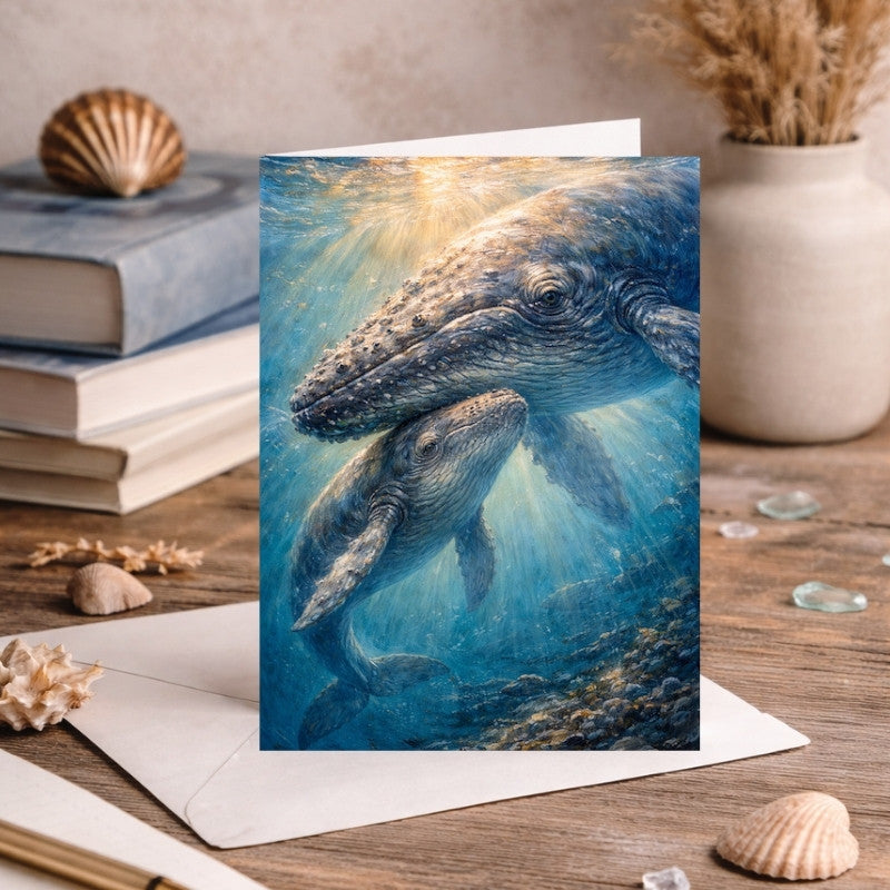 Fantasy art greeting card featuring mother whale and calf underwater with seashell decor