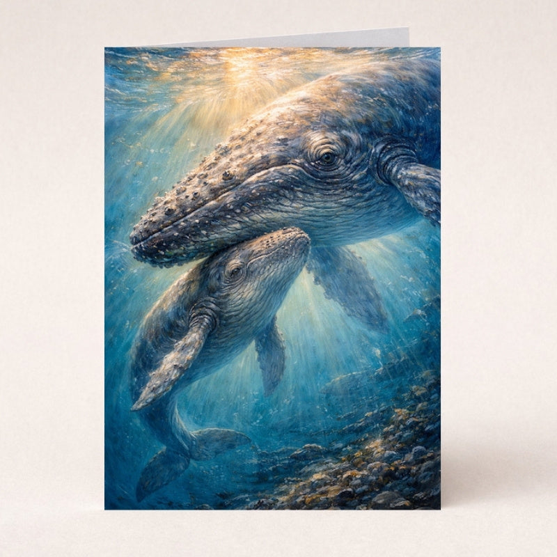 Fantasy art card with mother whale and calf swimming underwater in sunlit ocean scene