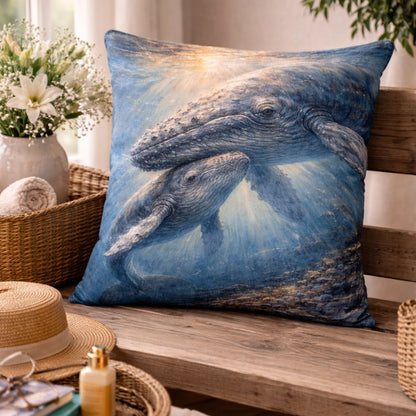 Decorative pillow featuring a painted mother and baby whale underwater in sunlight.