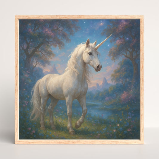  A framed art print featuring a white unicorn in a fantasy landscape.