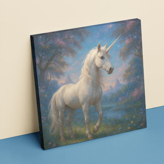 A framed art print featuring a white unicorn in a fantasy landscape.