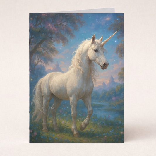 Mystical unicorn greeting card featuring a white unicorn in an enchanted forest at twilight