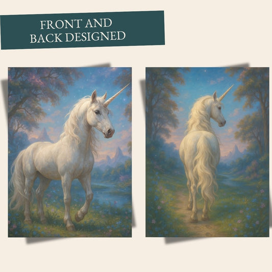 Mystical unicorn greeting card featuring a white unicorn in an enchanted forest at twilight