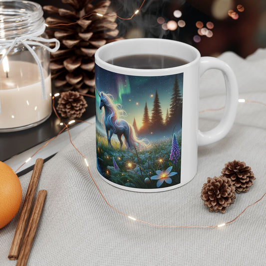Mystical unicorn mug with enchanted forest scene, glowing unicorn, and northern lights fantasy art