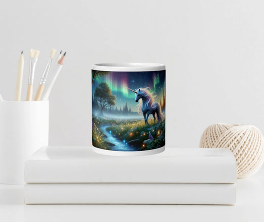 White mug with mystical unicorn, enchanted forest, and northern lights fantasy art design