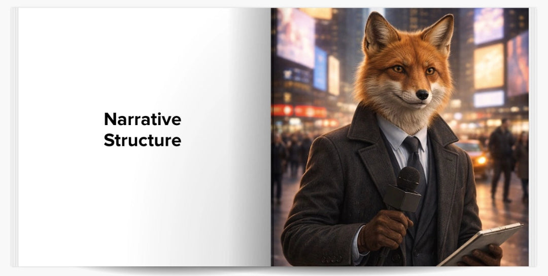 Book spread with fox reporter holding microphone representing storytelling and narrative structure concept