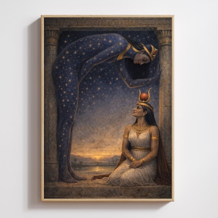 Egyptian mythology art print featuring Nut arching over a goddess at dusk with symbolic crowns